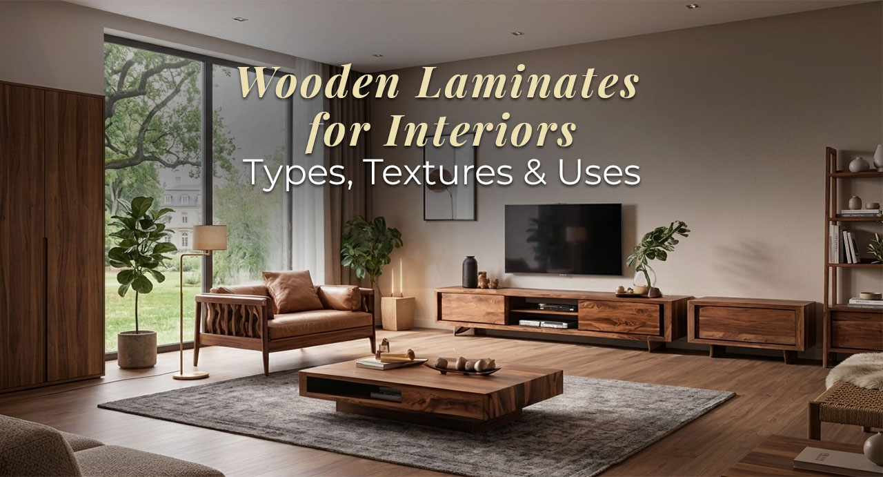 Wooden laminates for interiors in a modern living room with woodgrain furniture