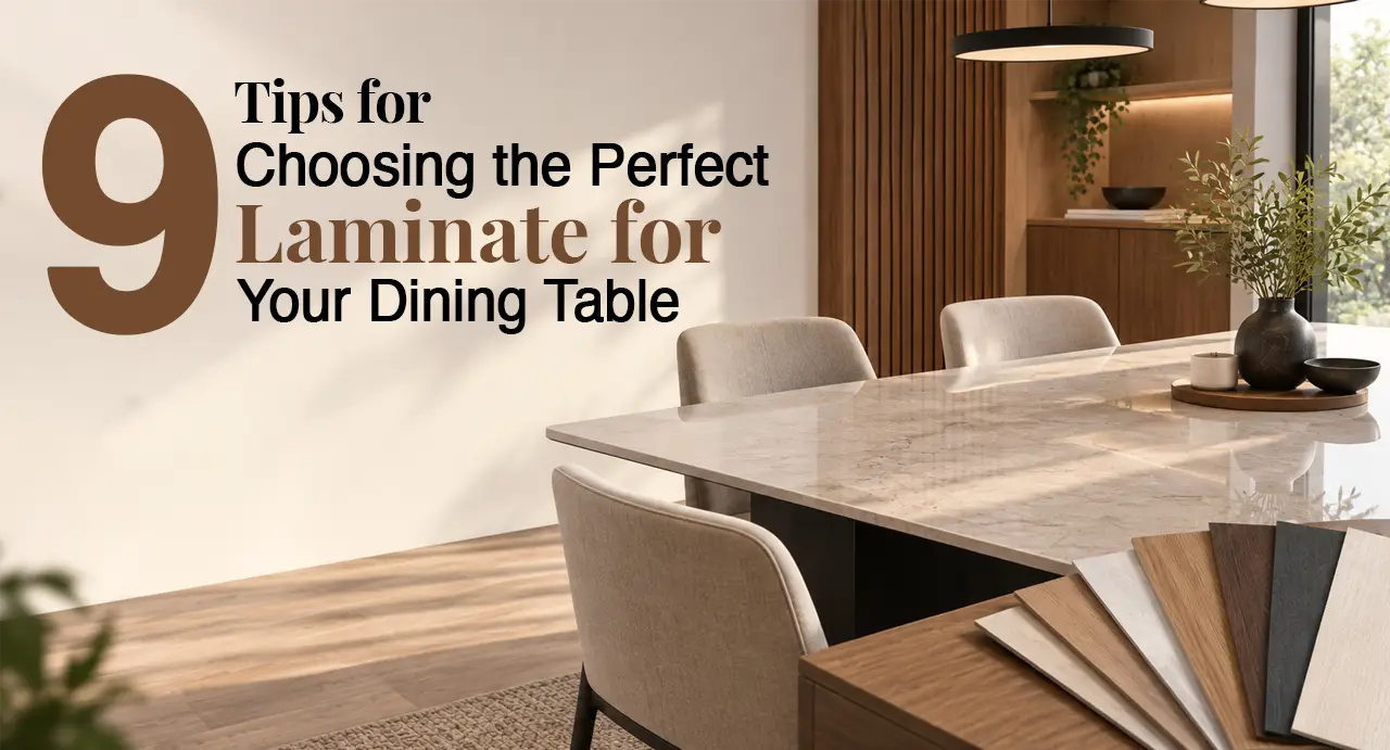Dining table with laminate surface and laminate samples for choosing the right finish