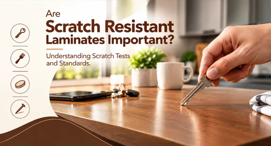 Hand testing a laminate surface with a key to demonstrate scratch resistance