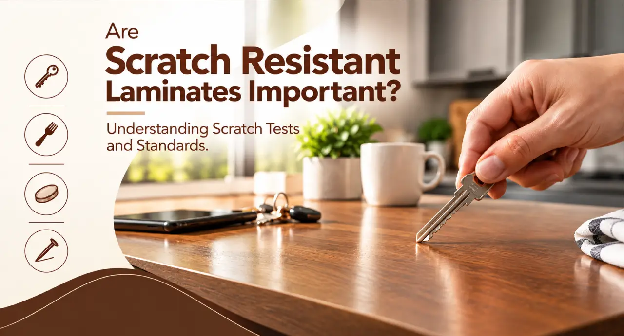 Hand testing a laminate surface with a key to demonstrate scratch resistance