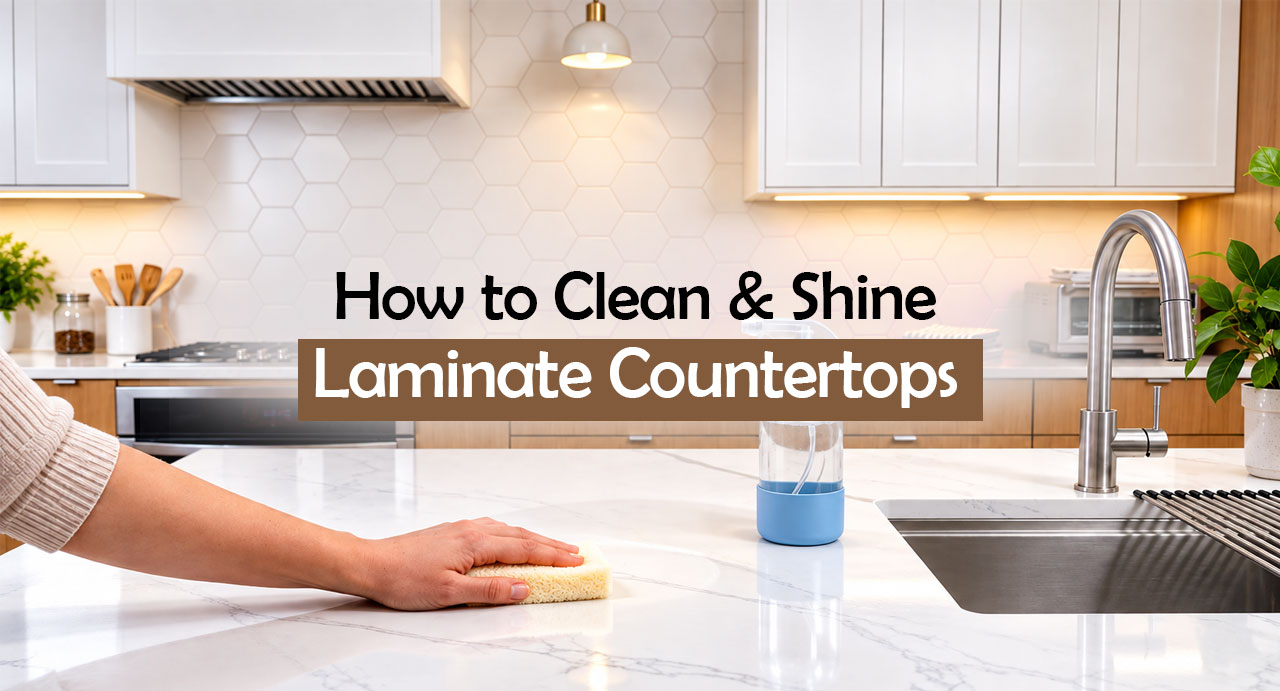 Modern kitchen with a marble-look laminate countertop being cleaned