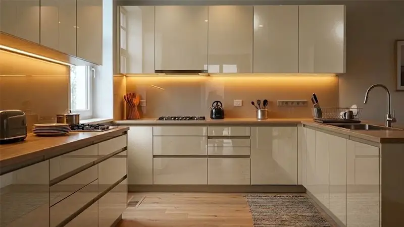 Modern kitchen cabinets with laminate finish on cabinets and drawers
