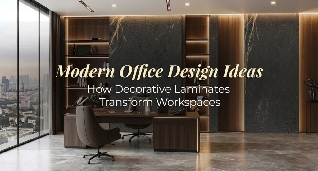 Modern office workspace with decorative laminate designs on desk, cabinets and feature wall