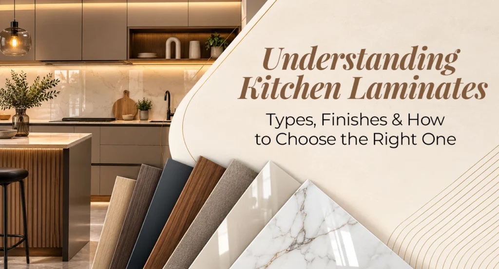Modern kitchen with different laminate samples showing kitchen laminate types and finishes