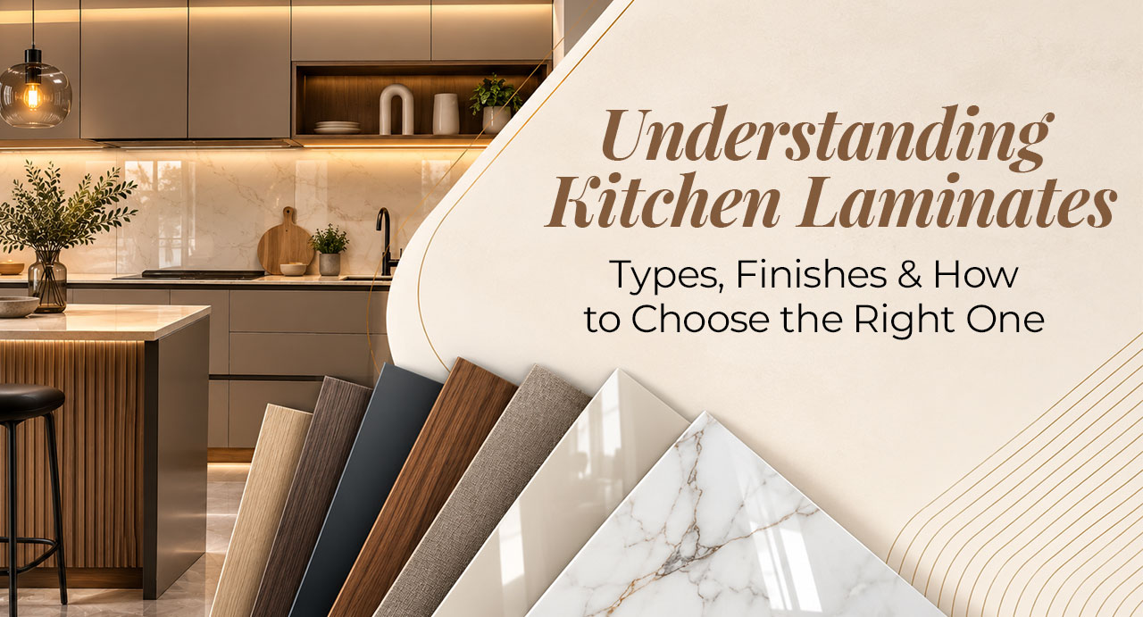 Modern kitchen with different laminate samples showing kitchen laminate types and finishes
