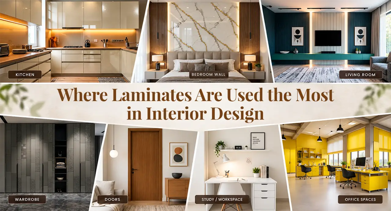 " Laminate applications in interior design for kitchens, bedroom walls, living rooms, wardrobes, doors, study spaces, and offices"