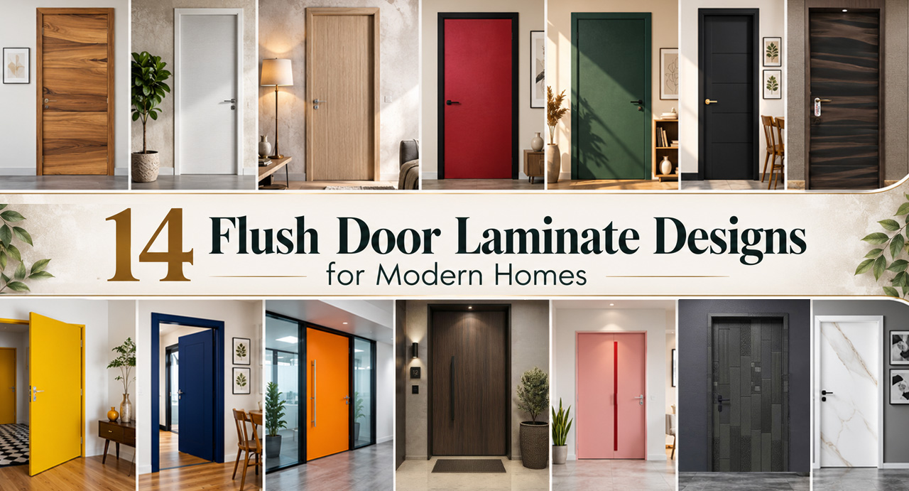 14 flush door laminate designs for modern homes, featuring wooden, white, red, green, black, navy blue, yellow, orange and marble-finish doors.