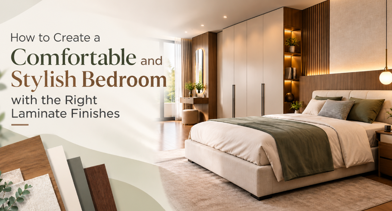 Modern comfortable bedroom with stylish laminate finishes, wood accents, built-in wardrobes, and a cozy upholstered bed.
