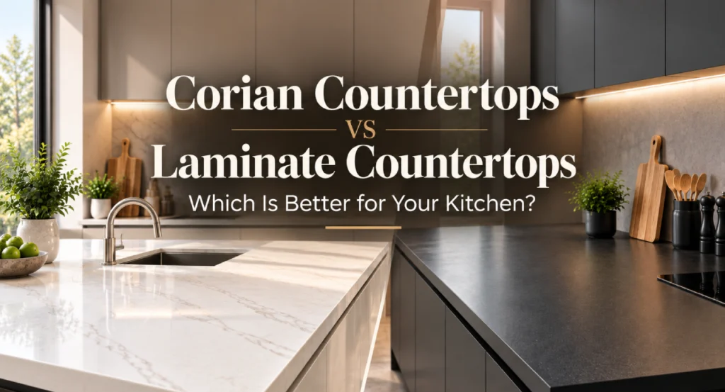 Modern kitchen comparing white Corian and dark laminate countertops