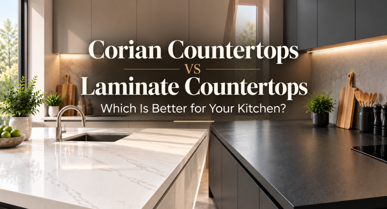 Modern kitchen comparing white Corian and dark laminate countertops