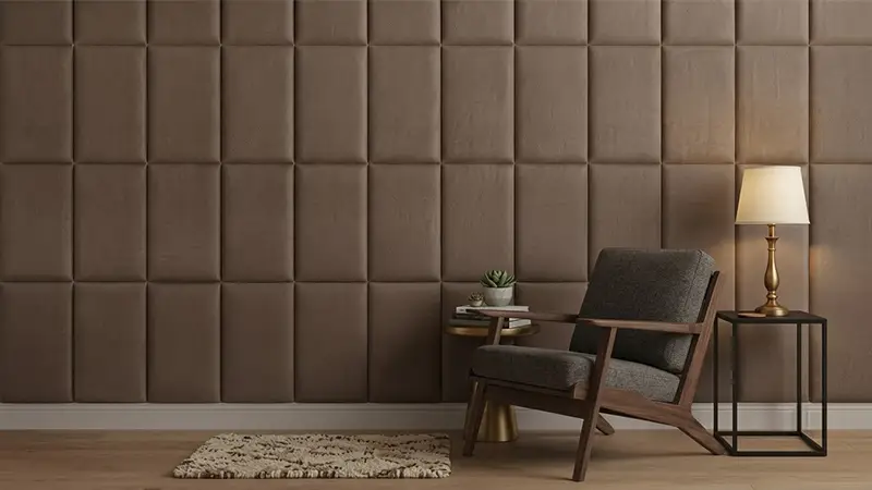 Cozy living room with grid-patterned brown padded fabric wall panelling, a dark wooden armchair, and a classic brass table lamp.