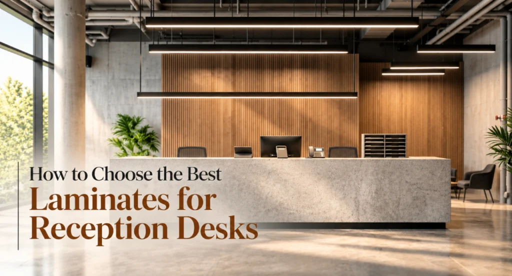 Modern office reception desk with a concrete finish and wooden wall panels.