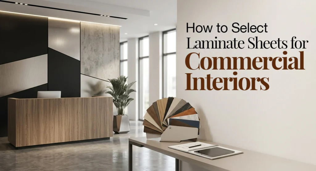 Modern commercial office reception with a wood-grain laminate desk, decorative wall panels, and laminate finish samples.