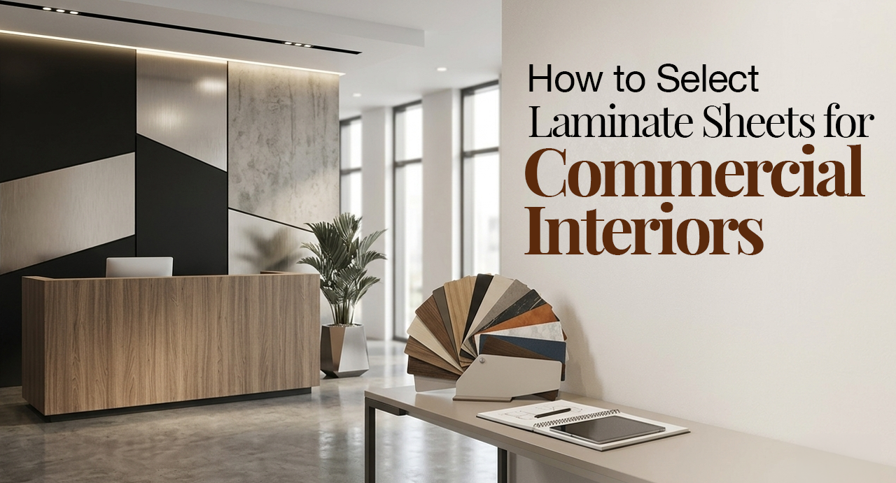 Modern commercial office reception with a wood-grain laminate desk, decorative wall panels, and laminate finish samples.