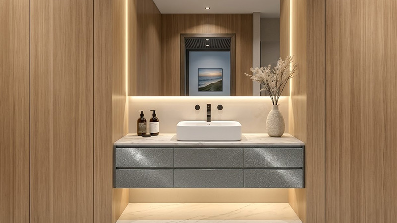 Luxury hotel guest room featuring a built-in HPL woodgrain wardrobe framing a vanity with metallic laminate drawers and a backlit mirror.