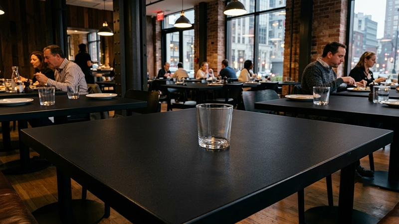 Hotel restaurant dining room with durable matte black high pressure laminate dining table surfaces and seated guests.