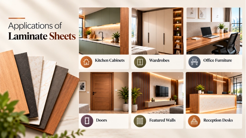 Laminate sheet applications in modern interiors, including kitchen cabinets, wardrobes, office furniture, wooden doors, feature walls, and reception desks with decorative finishes.