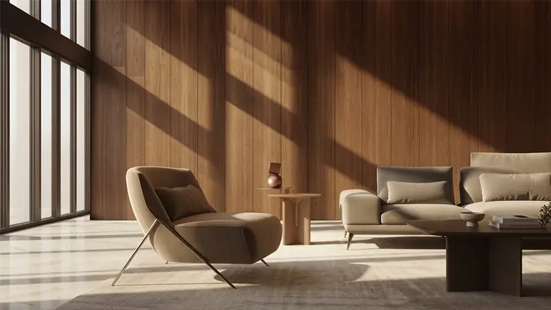 Modern living room featuring full-height wooden finish laminate wall panelling illuminated by warm natural sunlight.