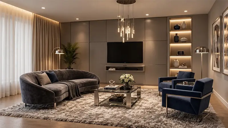 Modern luxury living room featuring metallic accent wall panelling around a mounted TV unit, paired with a curved sofa and blue armchairs.