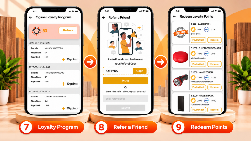 Ogaan Saathi App for carpenters showing loyalty point tracking, refer-a-friend functionality, and reward redemption screens on three smartphones.