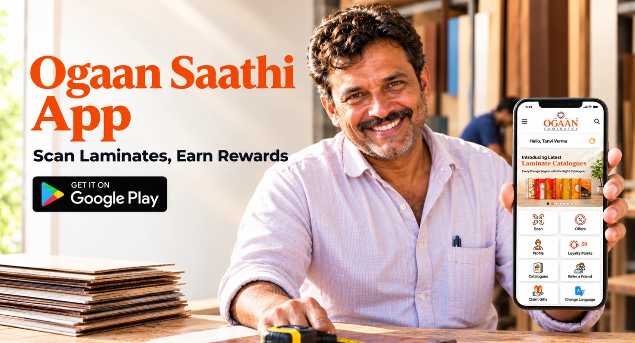 Ogaan Saathi App for carpenters to scan laminates and earn rewards, featuring a carpenter holding a smartphone displaying the app beside a stack of laminate sheets.