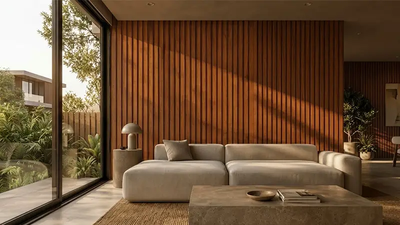 Modern living room featuring wood-finish PVC fluted wall panelling, a low beige sectional sofa, and floor-to-ceiling glass doors.