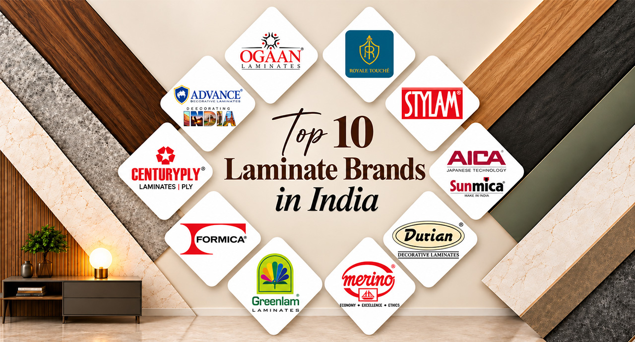 Top 10 laminate brands in india featuring Greenlam, Merino, Centuryply, Royale Touche, Sunmica, Aica, Formica, Stylam, Advance Laminates, and Ogaan Laminates.