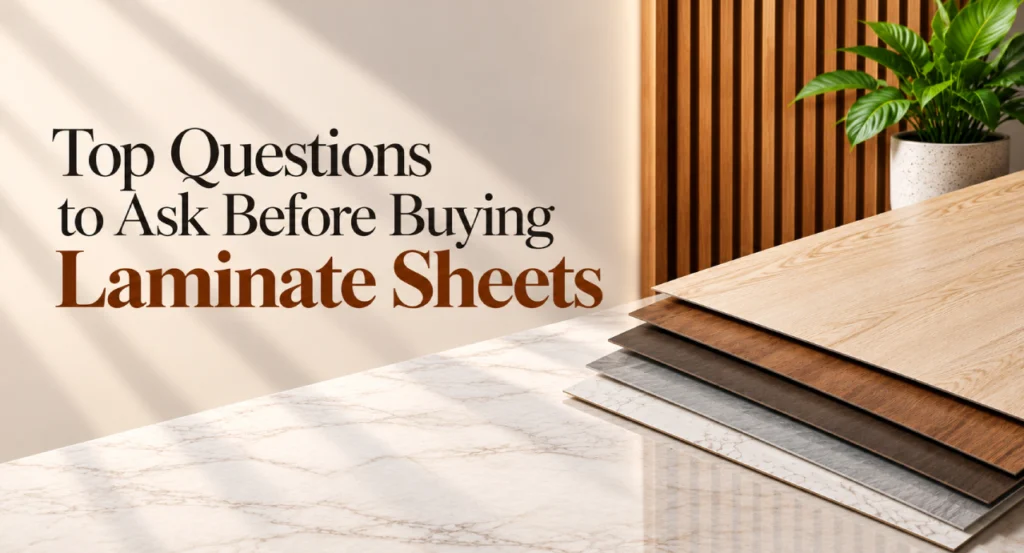 Wood and marble finish laminate sheets displayed in a modern interior setting.