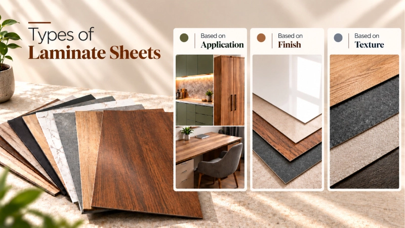 Different types of laminate sheets featuring wood grain, marble, matte, and textured finishes for furniture, kitchen cabinets, and modern interior design applications.