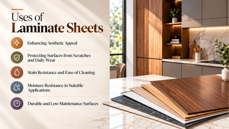 Modern kitchen interior featuring wood-finish laminate sheets showcasing aesthetic appeal, scratch and stain resistance, moisture protection, and durable decorative surfaces.