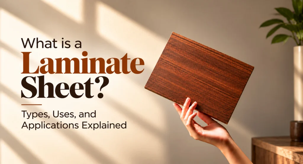 Wood-finish laminate sheet sample showcasing a rich brown wood grain texture for furniture, interior design, and home decor applications.